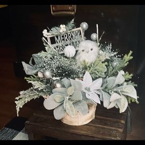 White Owl Winter Holiday Xmas Birch Centerpiece